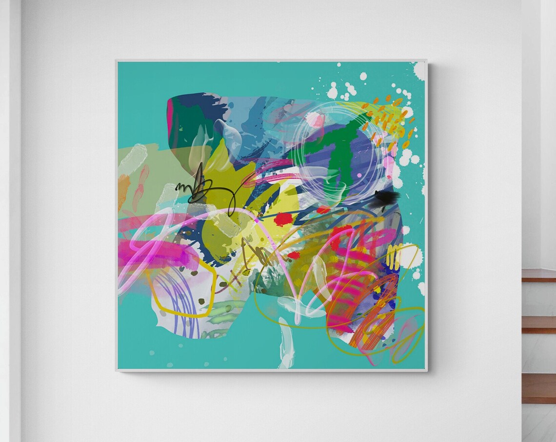 Mint Green Abstract Painting, Colorful Wall Art Print