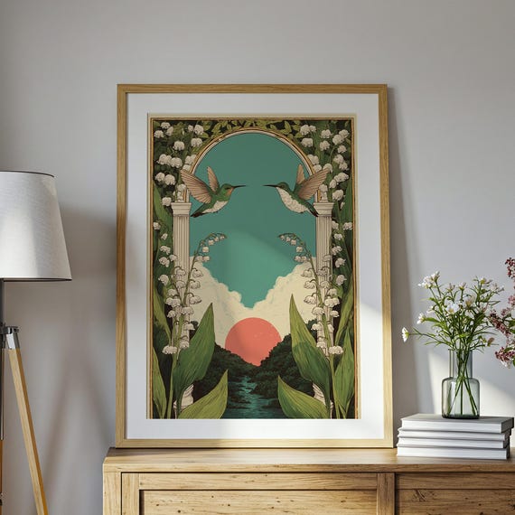 Hummingbird And Lily Of The Valley Print Vintage Botanical Folk Art