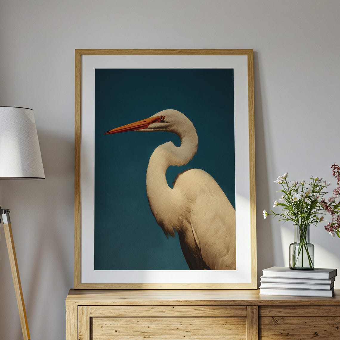 White Japanese Crane Minimalist Teal Elegant Bird Portrait Wall Art