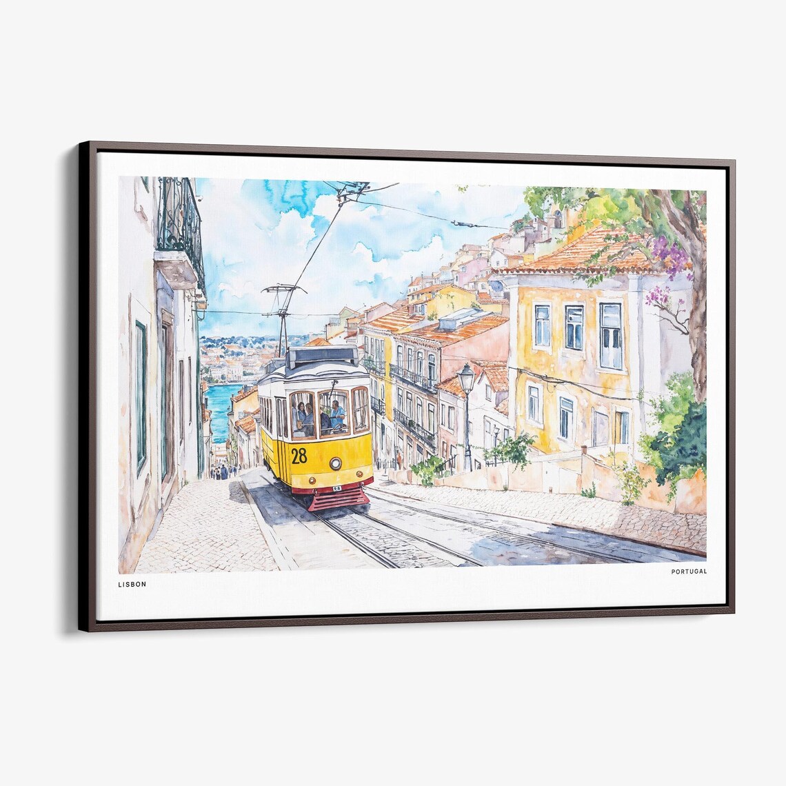 Lisbon Tram 28 Yellow Streetcar Cobblestone Street Watercolor Poster