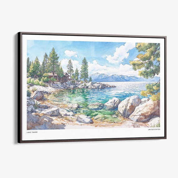 Lake Tahoe Canvas Print Watercolor Lakeside Landscape Wall Art