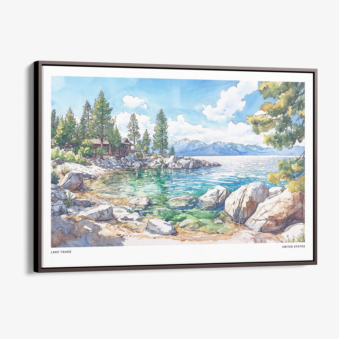 Lake Tahoe Lakeside Cabin Rocky Shore Watercolor Travel Poster