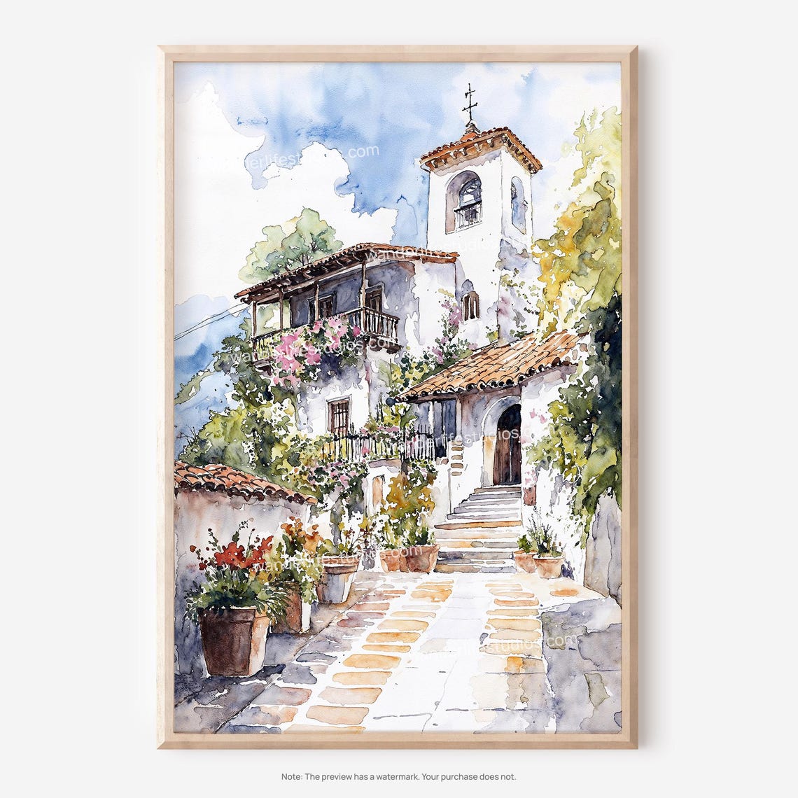 Cordoba Spain Whitewashed Courtyard Church Bell Tower Watercolor Print