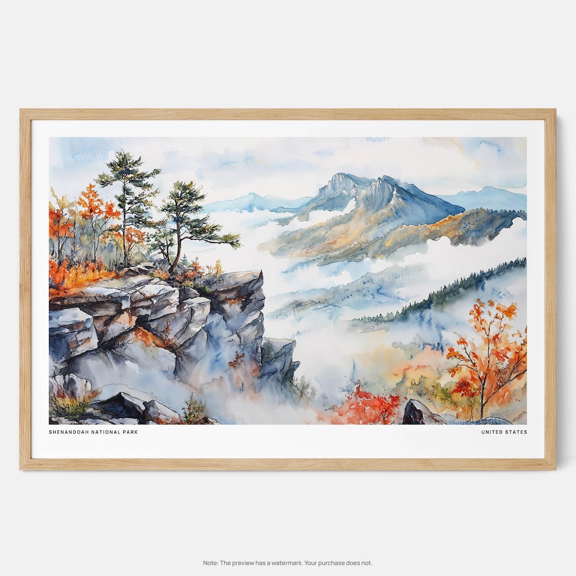 Shenandoah National Park Watercolor Misty Blue Mountains Poster