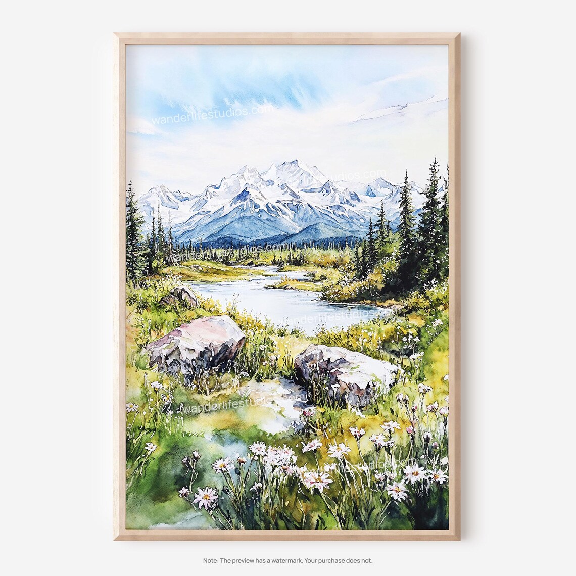 Denali National Park Snowy Mountain Lake Watercolor Daisy Poster