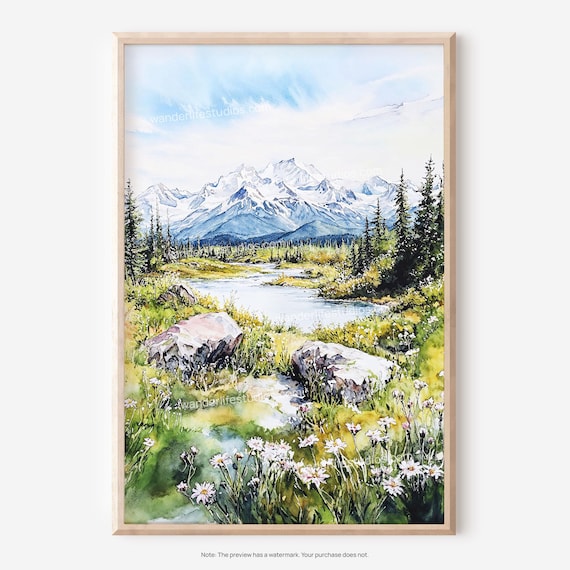 Denali National Park Snowy Mountain Lake Watercolor Daisy Poster