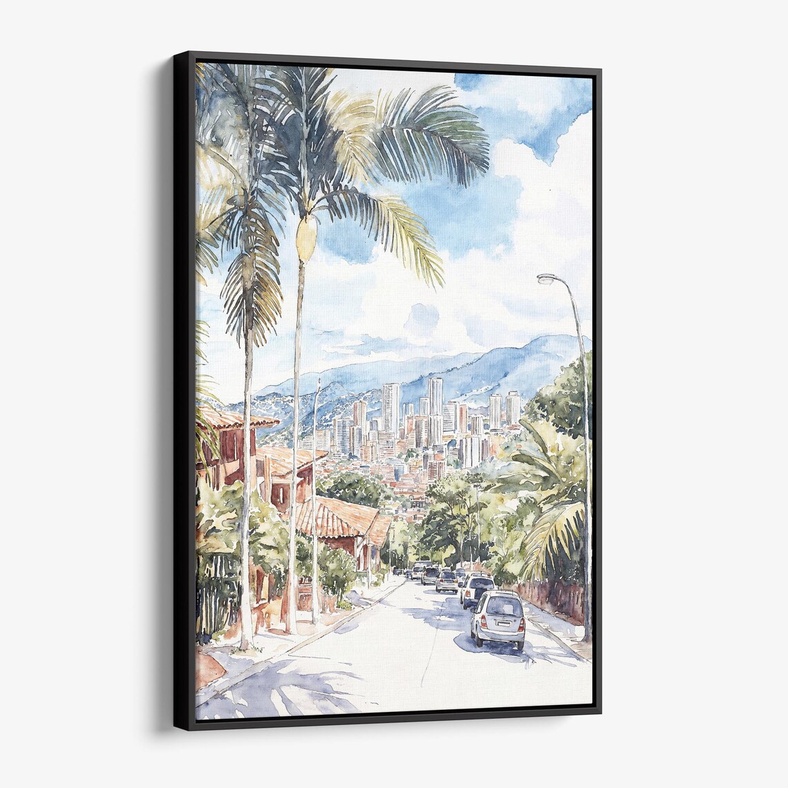 Medellin Colombia Watercolor Poster with Palm Street and Skyline