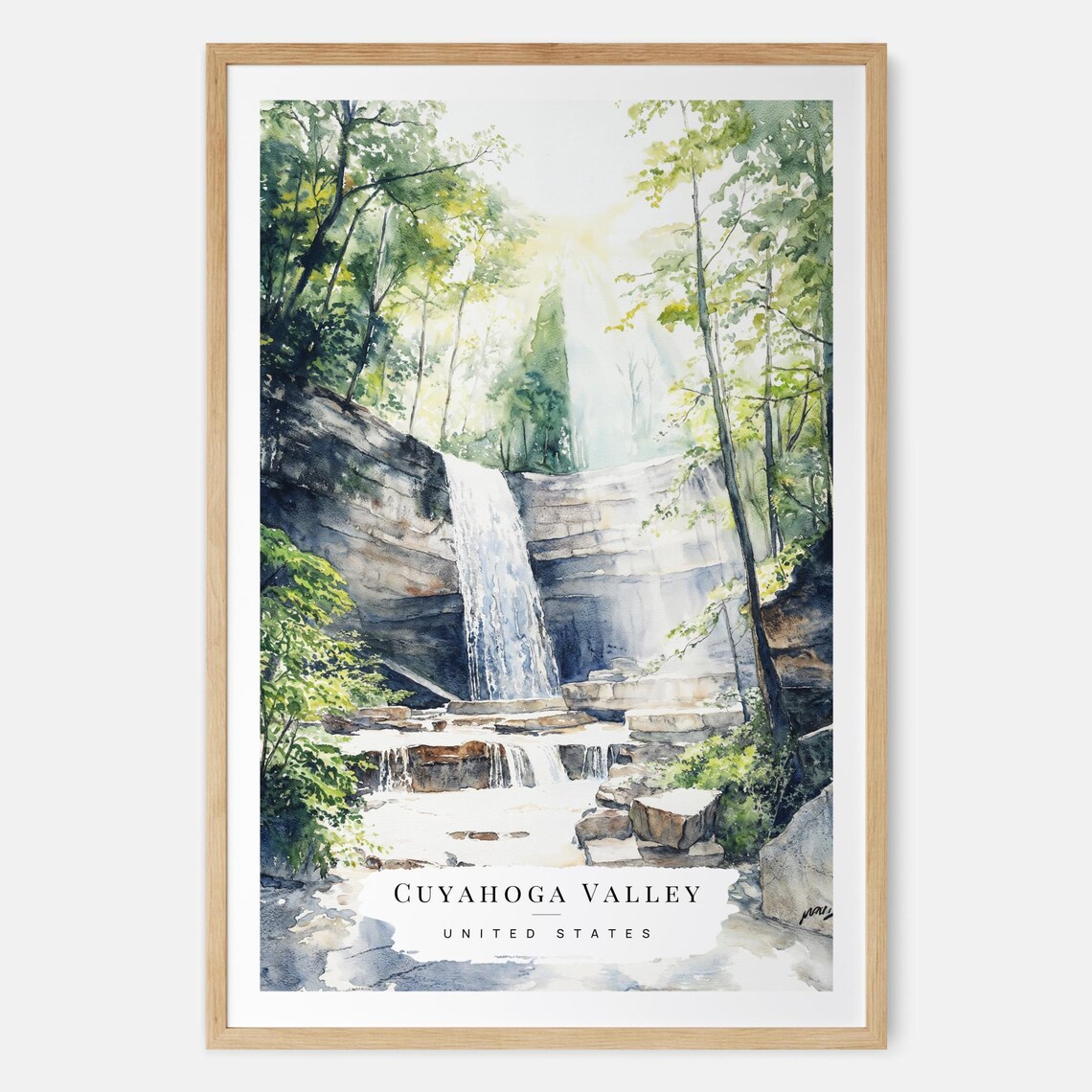 Lush Cuyahoga Valley Waterfall Forest Glen Watercolor Poster