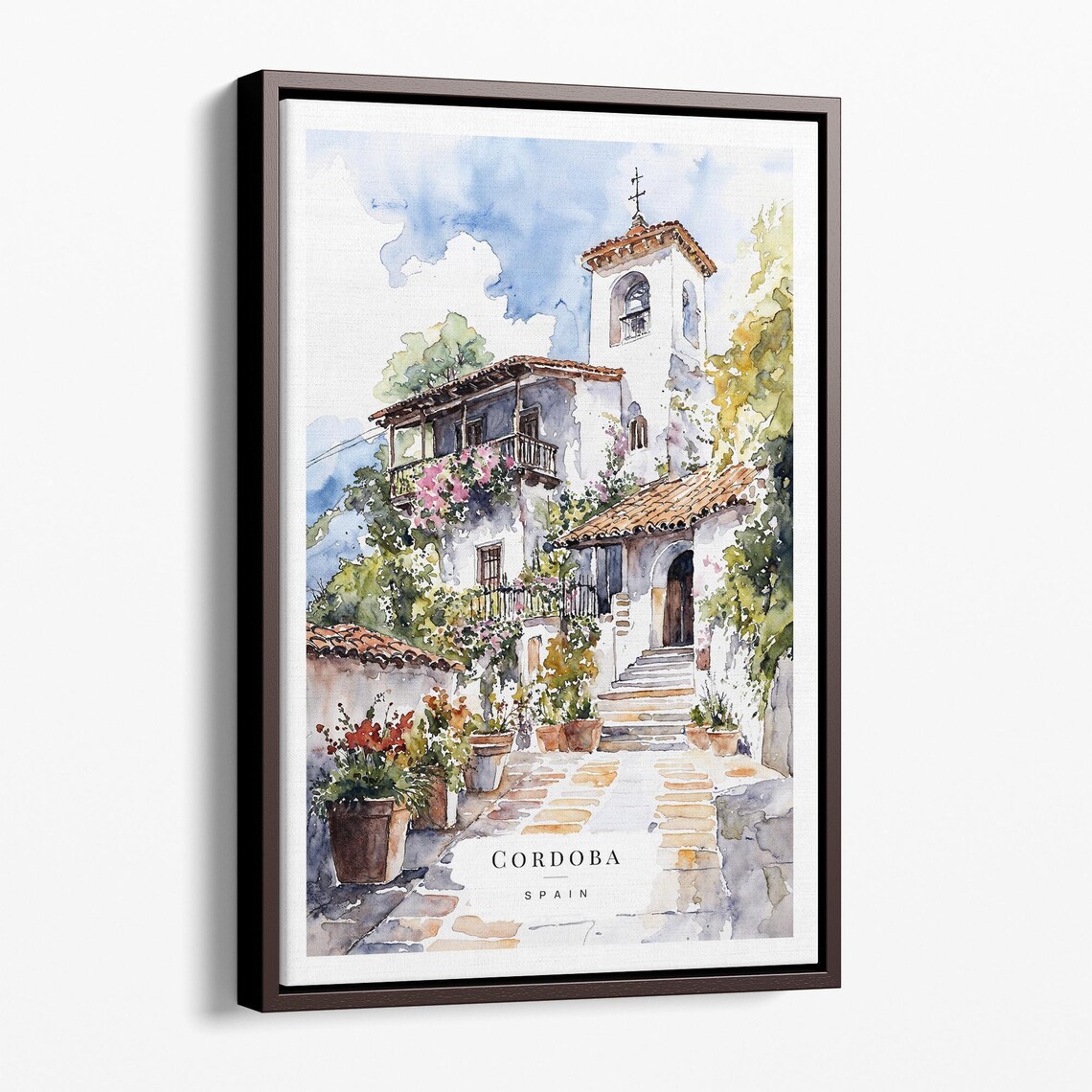 Cordoba Spain Watercolor Old Street and Church Travel Poster