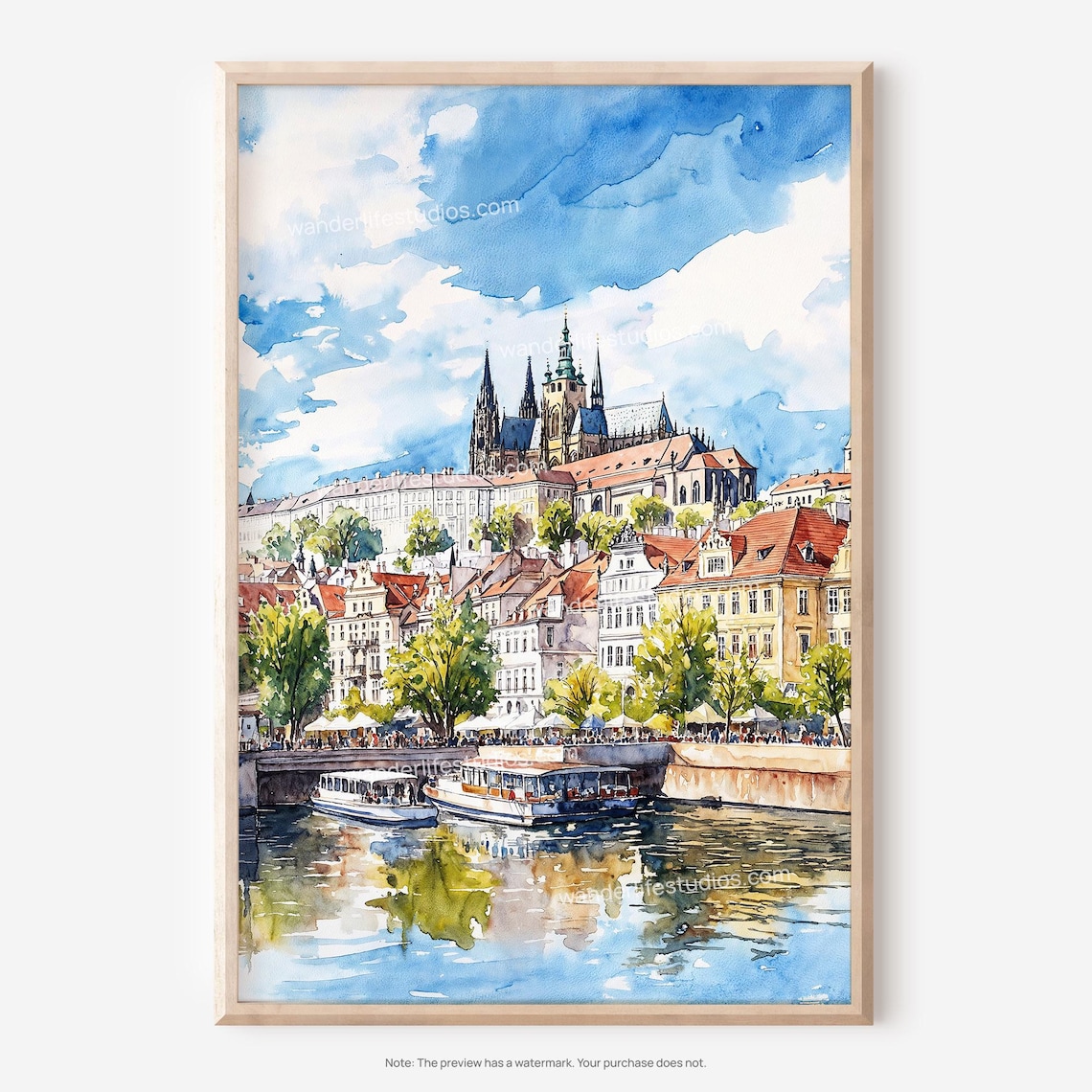 St Vitus Cathedral Prague Old Town Castle Watercolor River Poster