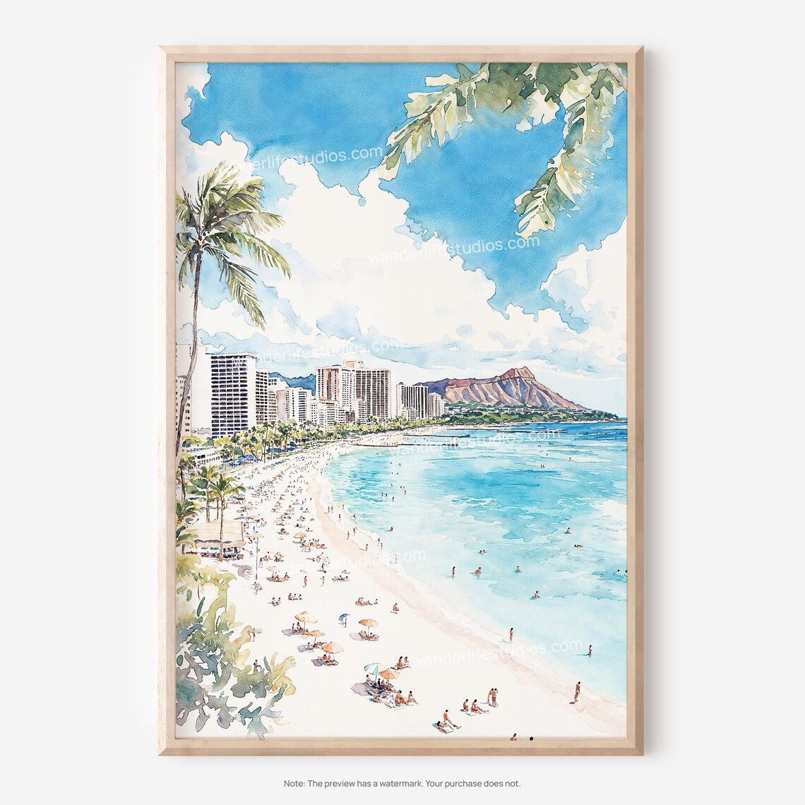 Honolulu Watercolor Beach Scene Art Print