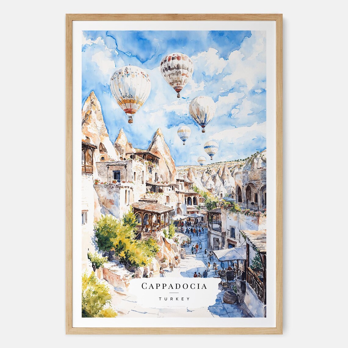 Cappadocia Turkey Hot Air Balloons Cave Town Watercolor Art Poster