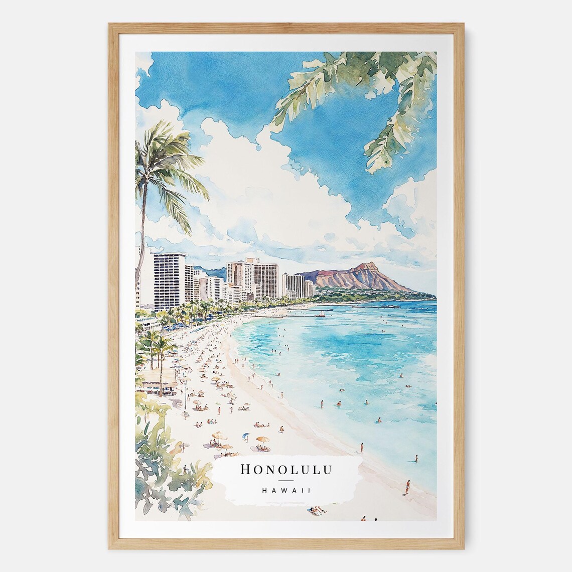 Honolulu Hawaii Waikiki Beach Watercolor Travel Poster with Palm Trees