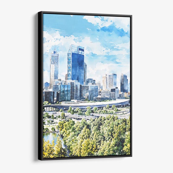 Perth Australia Watercolor Canvas Print City Skyline Wall Art