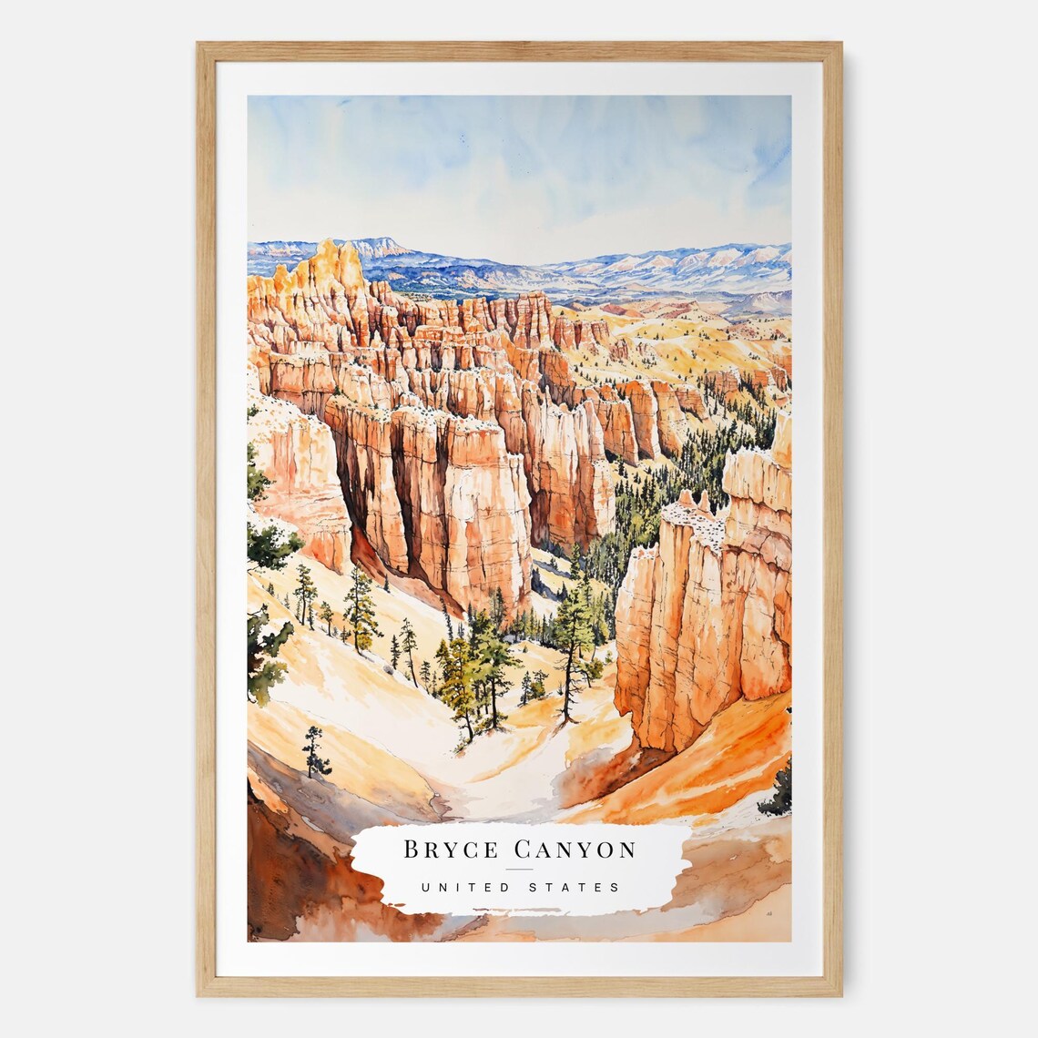 Bryce Canyon Hoodoos Watercolor Orange Rock Formations Travel Poster