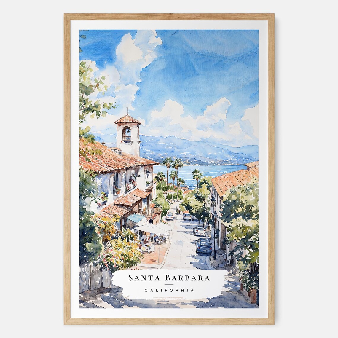 Santa Barbara Watercolor Travel Poster, Summer Decor