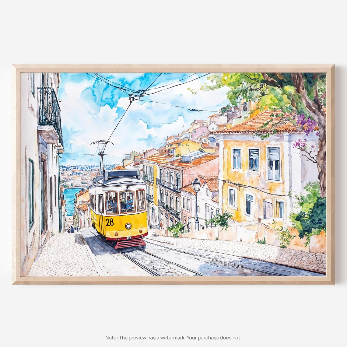 Lisbon Tram 28 Yellow Streetcar Alfama Hills Watercolor Poster