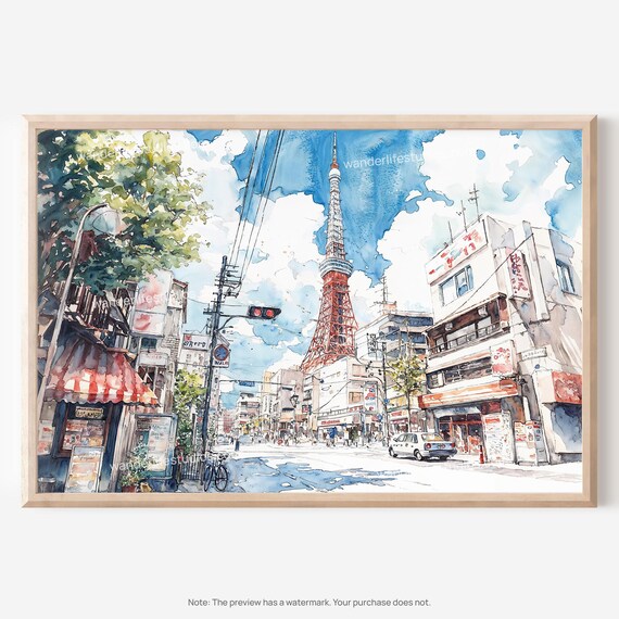 Tokyo Tower Wall Art Watercolor Cityscape For Instant Home Display