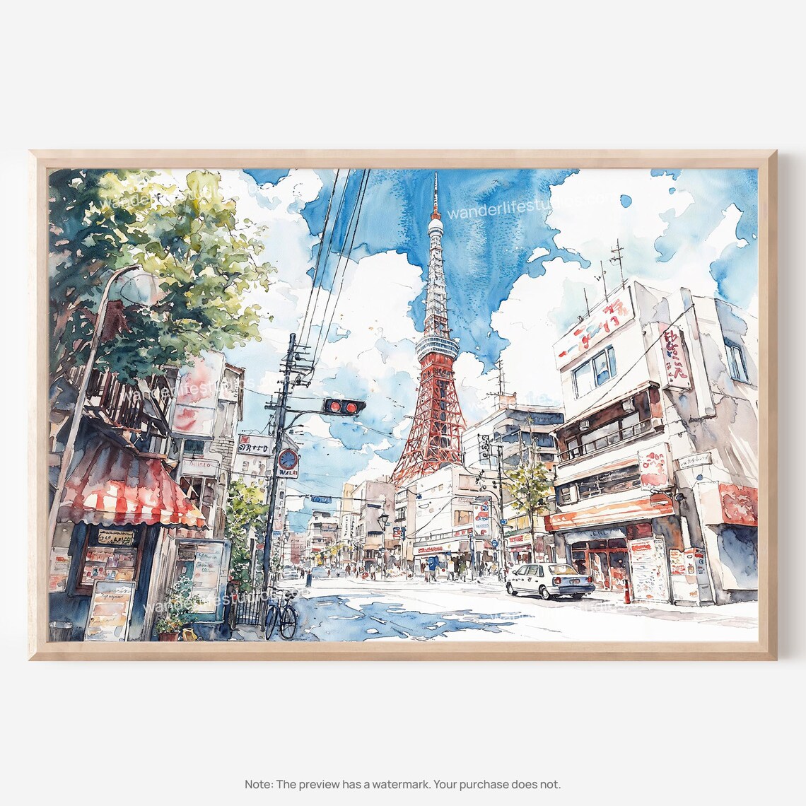 Tokyo Tower Wall Art Watercolor Cityscape For Instant Home Display