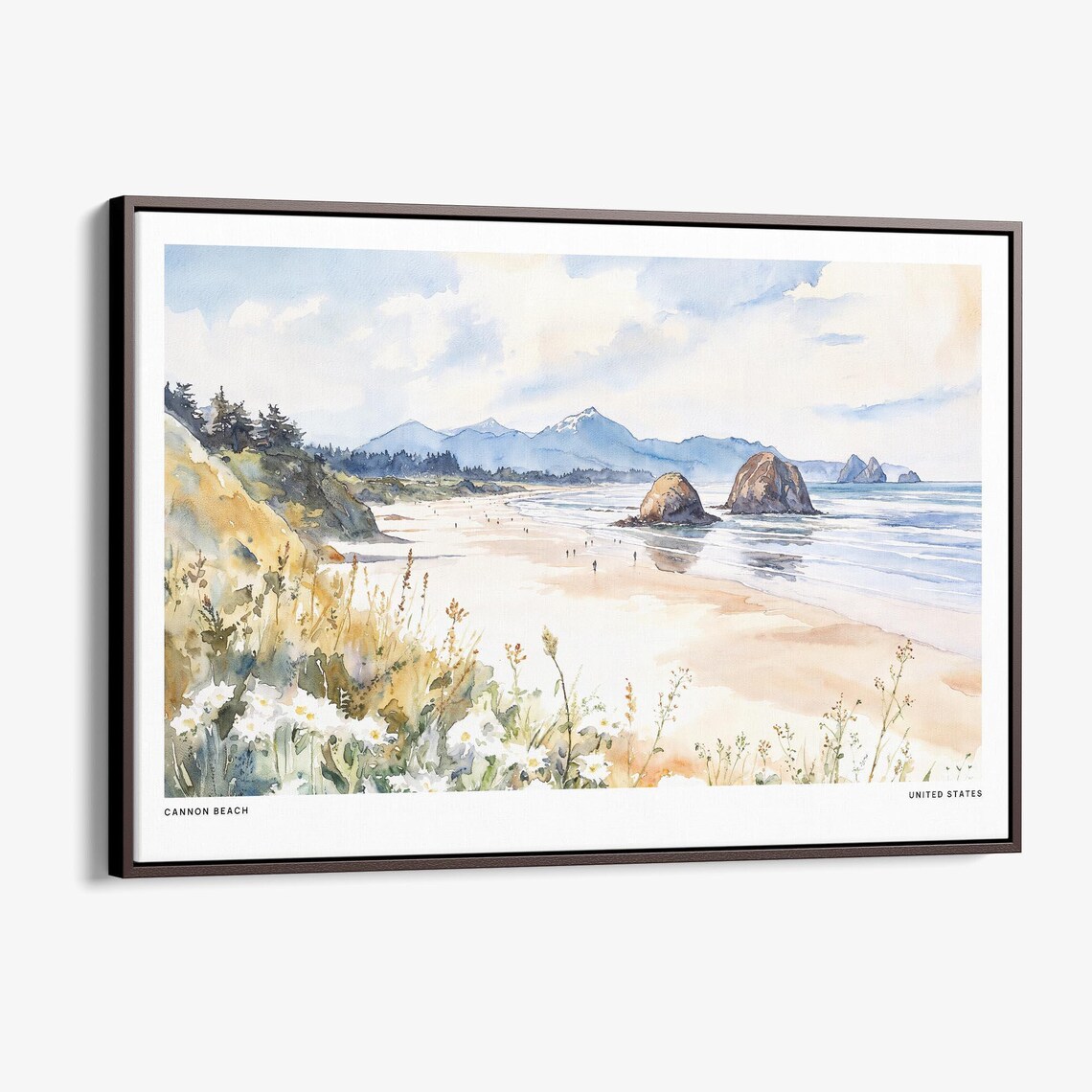 Cannon Beach Oregon Haystack Rock Coast Watercolor Travel Poster