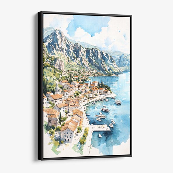 Mediterranean Coastal Town Harbor Watercolor Mountain View Poster