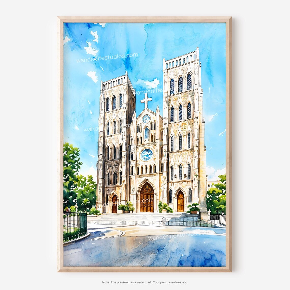 Hanoi Vietnam St Joseph Cathedral Twin Towers Watercolor Church Poster
