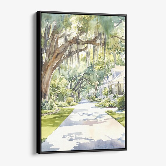 Oak Avenue Watercolor Southern Tree Lined Street Scene Poster