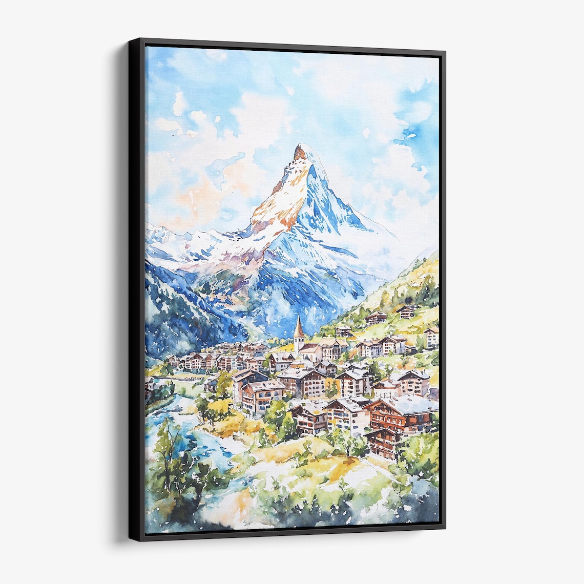 Matterhorn Swiss Alps Village Morning Light Watercolor Poster