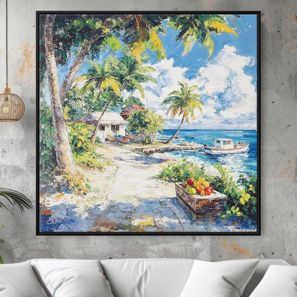 Caribbean Fishing Village Boats Tropical Palms Oil Art Poster