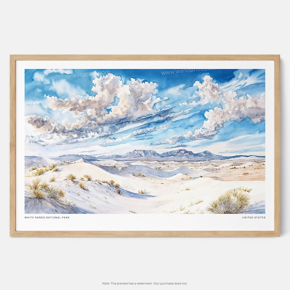 White Sands National Park Watercolor Desert Dunes Clouds Poster