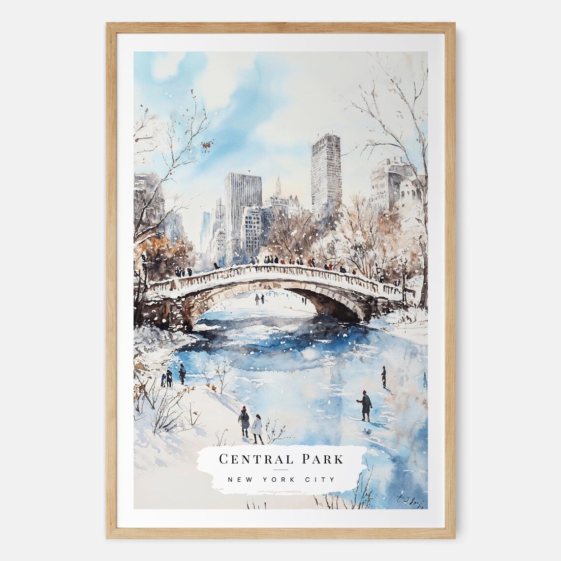 Central Park NYC Watercolor Art Print, Winter Cityscape