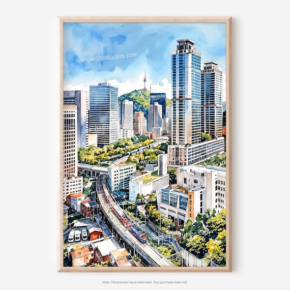 Seoul Skyline Wall Art Watercolor Cityscape