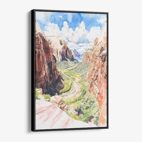 Zion Canyon Red Rock Cliffs River Valley Desert Watercolor Poster