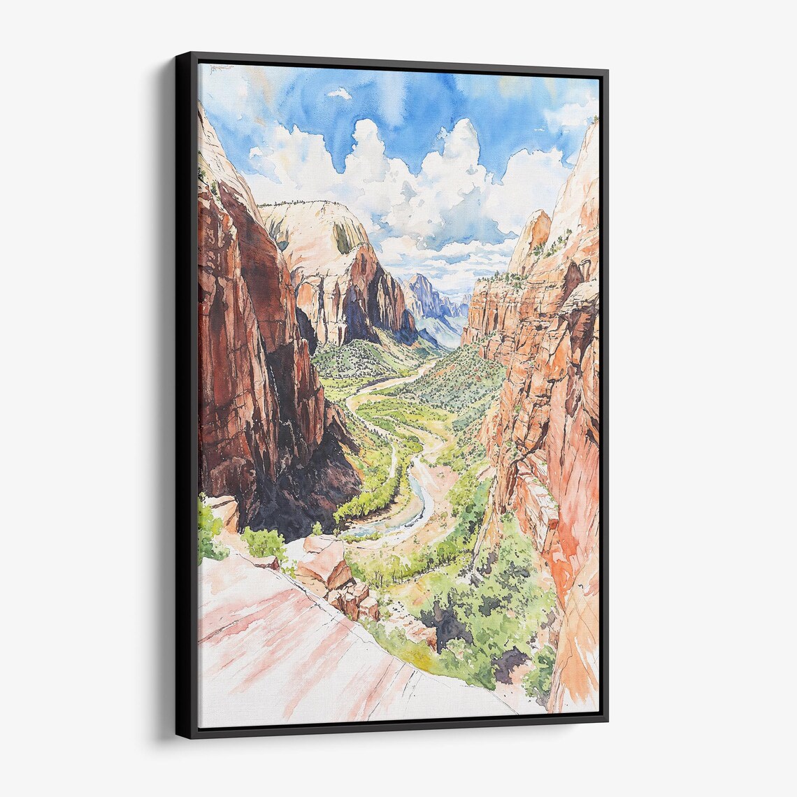 Zion Canyon Red Rock Cliffs River Valley Desert Watercolor Poster