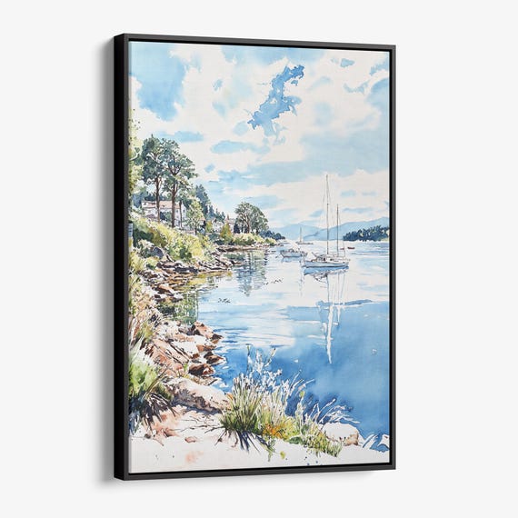 Lake Windermere Canvas Print Watercolor Waterfront Landscape Wall Art