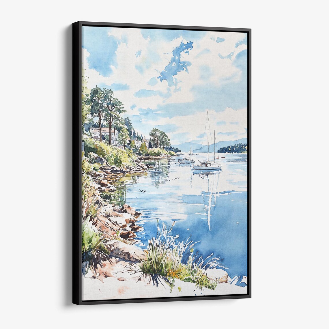 Rocky Cove Sailboats Coastal Watercolor Seascape Scene Wall Art