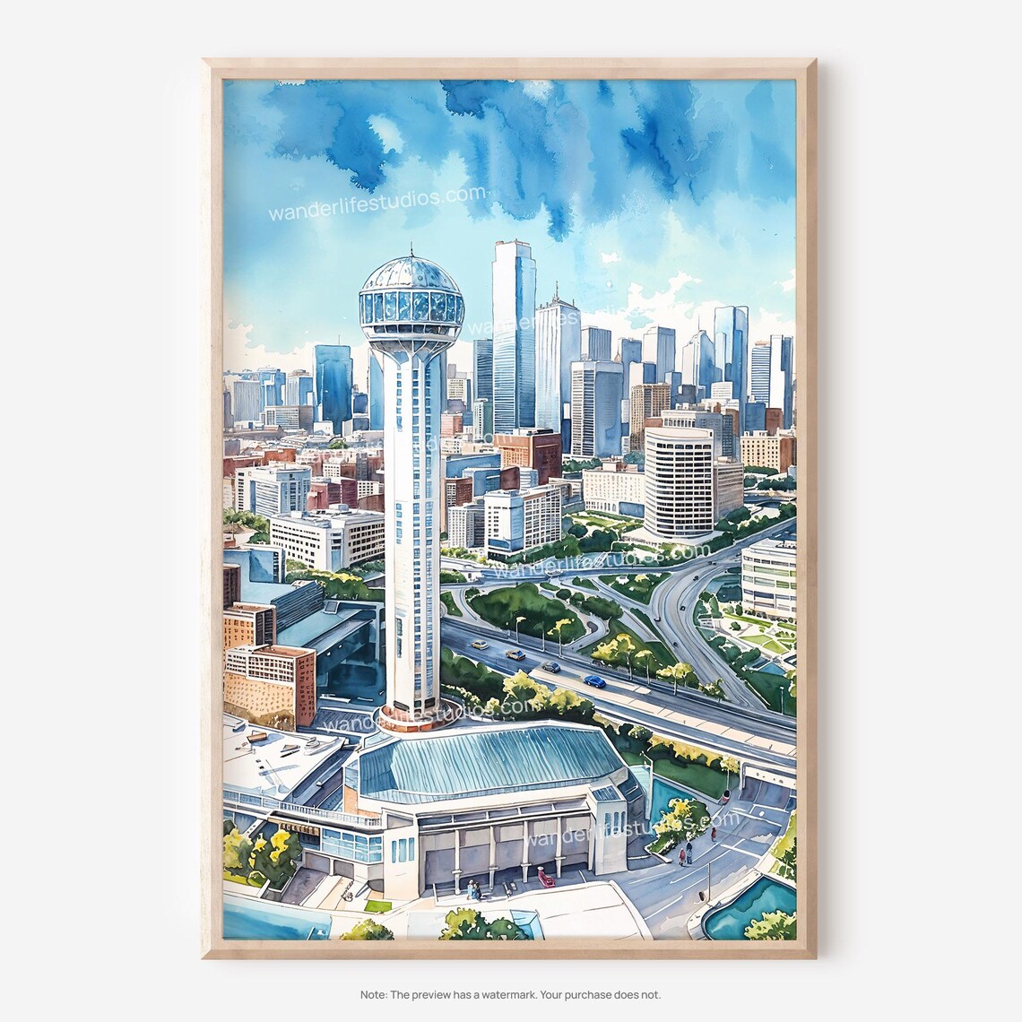 Dallas Texas Reunion Tower Skyline Watercolor Cityscape Poster