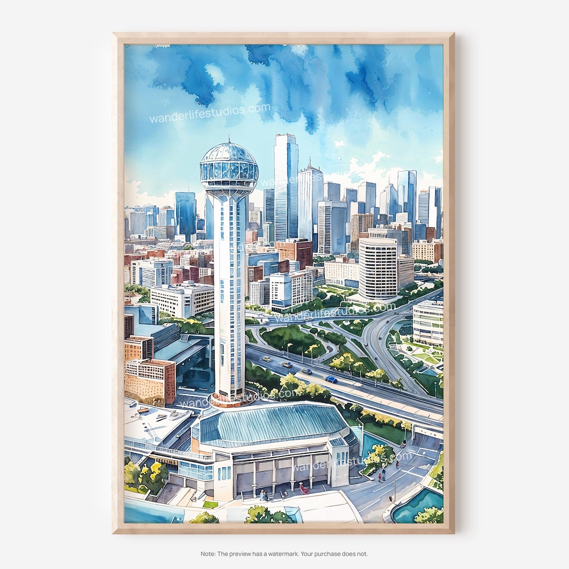 Dallas Texas Skyline Wall Art Watercolor