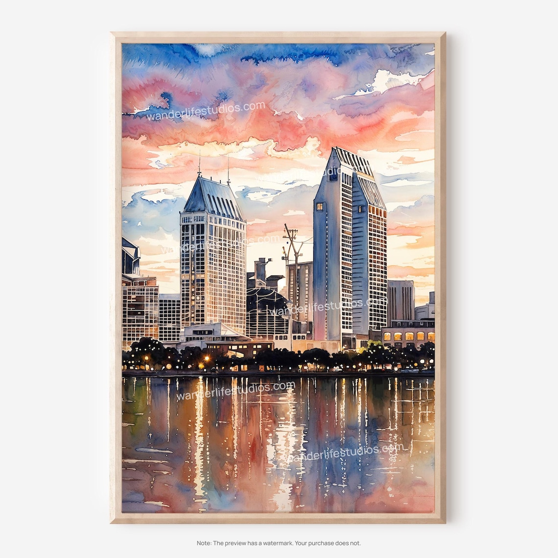 San Diego Skyline Sunset Watercolor Harbor Reflection Poster