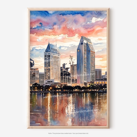 San Diego Skyline Wall Art Watercolor For Home Decor