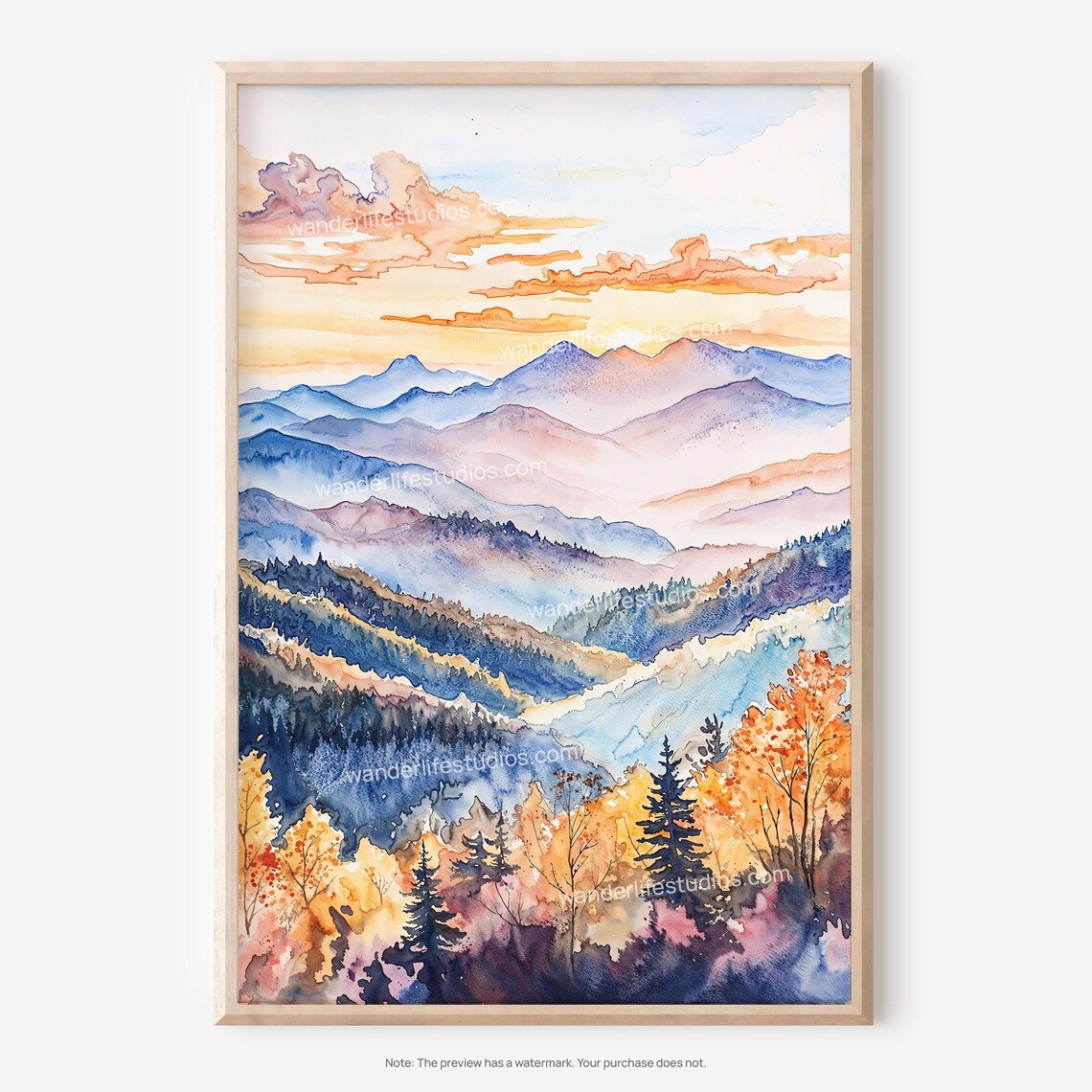Blue Ridge Mountains Autumn Watercolor Layered Sunset Landscape Poster