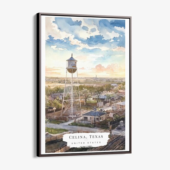 Celina Texas Water Tower Railroad Watercolor Americana Travel Poster
