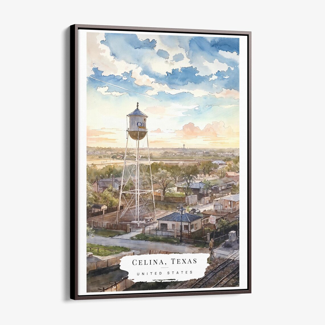 Celina Texas Water Tower Railroad Watercolor Americana Travel Poster