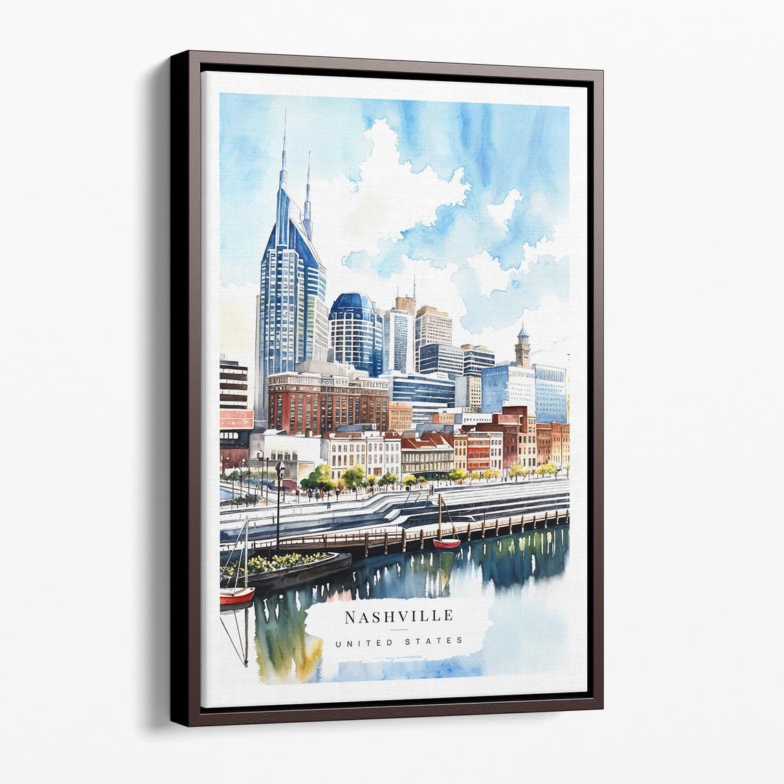 Nashville Skyline Watercolor Riverfront Cityscape Music Poster