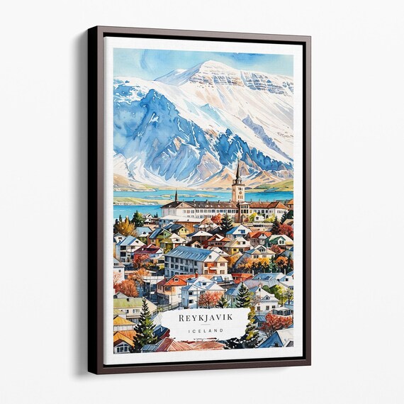 Reykjavik Watercolor Canvas Art Print Framed Cityscape Wall