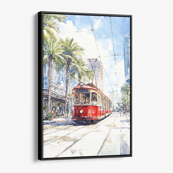 New Orleans Canal Street Red Streetcar Palm Trees Watercolor Poster