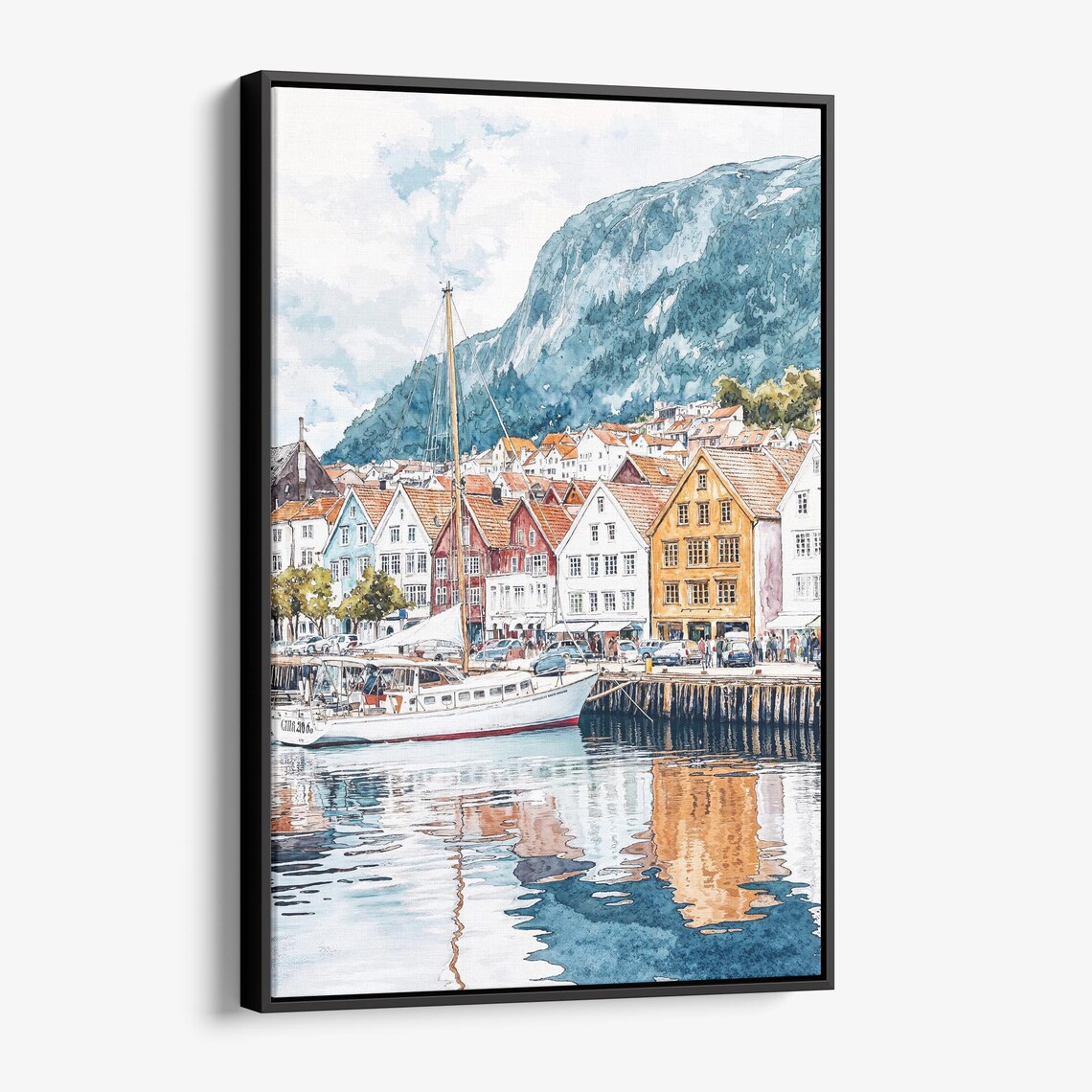 Bergen Norway Harbor Reflections Watercolor Boats Old Town Art Poster