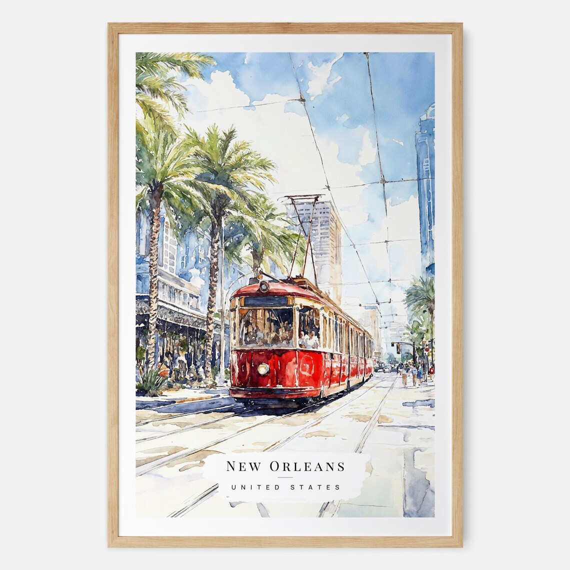 New Orleans Streetcar Watercolor Canal Street Travel Art Poster