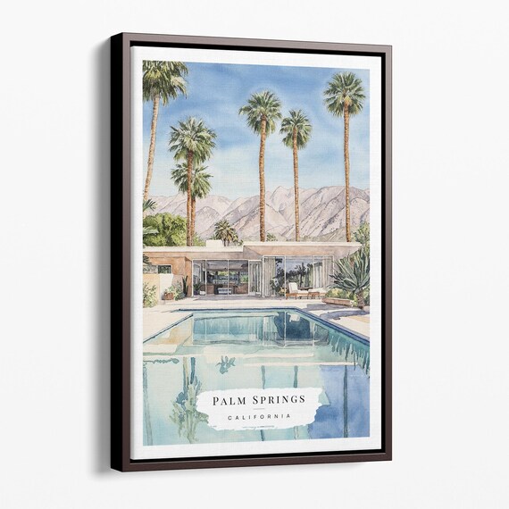 Palm Springs Pool Villa California Watercolor Travel Souvenir Poster