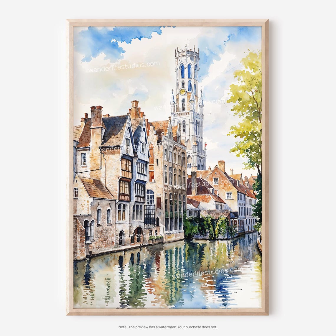 Bruges Belgium Canal with Belfry Tower Charming Watercolor Poster